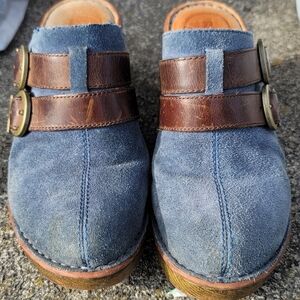 Born Blue Suede Mules with Brown Straps